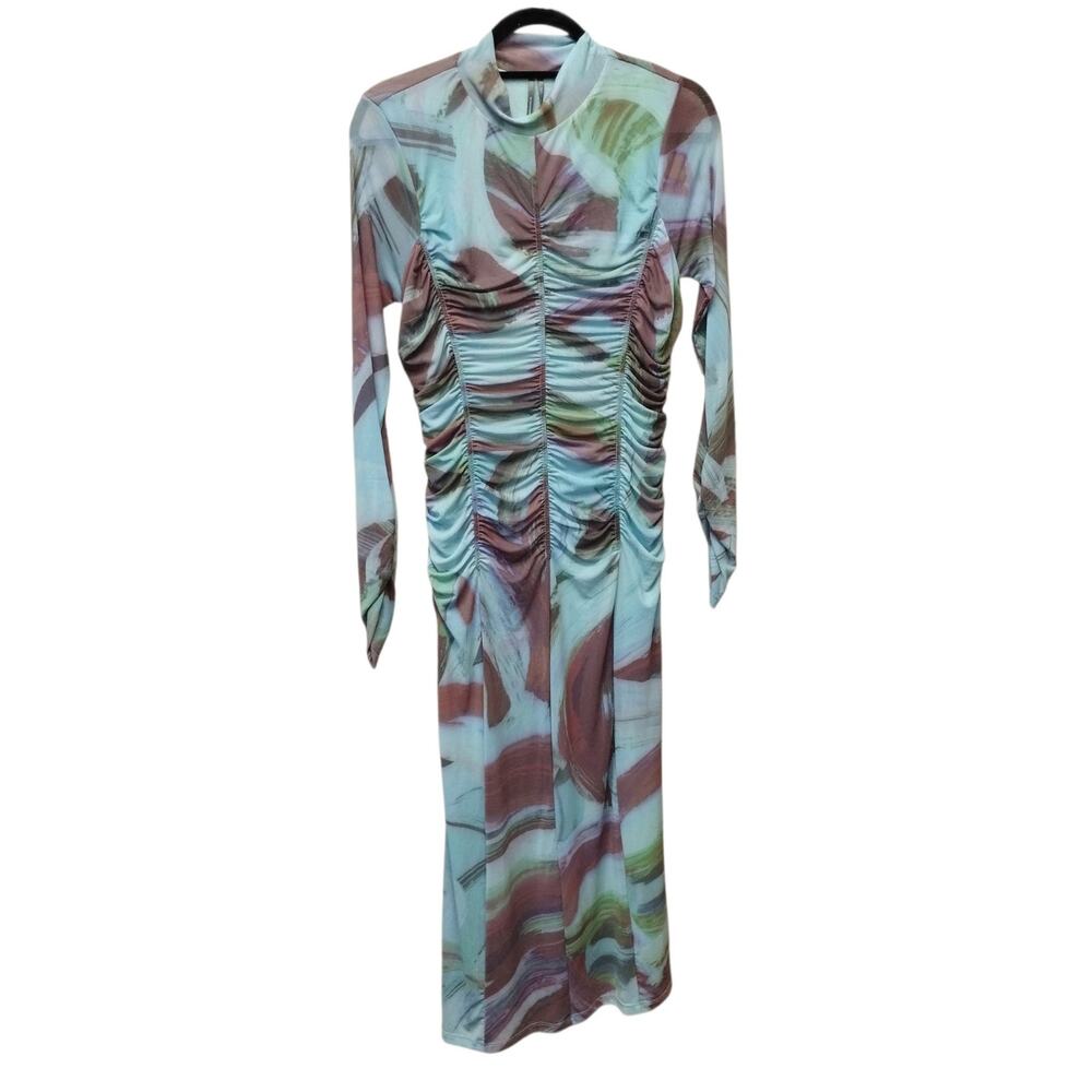Anthropologie Womens Artsy Mesh Ruched Bodycon Maxi Dress Medium Rave Statement